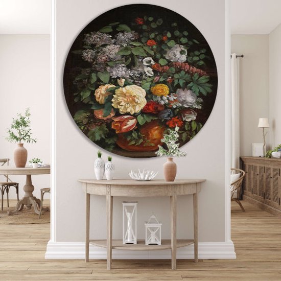 Vaas met seringen, rozen en tulpen - Gustave Courbet schilderij - Stilleven wandcirkel - Rond schilderij Natuur - Muurdecoratie kinderkamer - Wandcirkels - Wanddecoratie slaapkamer muurcirkel forex 90x90 cm