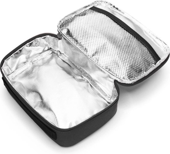 Open zwarte lunchbox met zilverkleurige, geïsoleerde binnenkant.