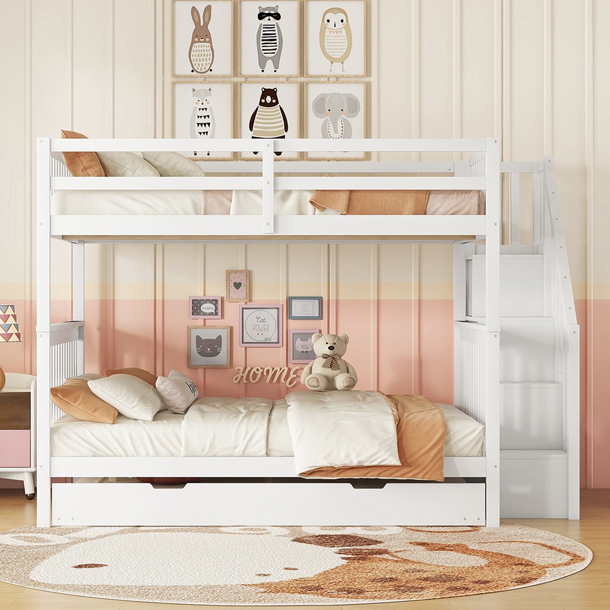 KOMHTOM Stapelbed Kinderbed 140x200 cm met trapje voorzien van een onderschuifbed met hoog