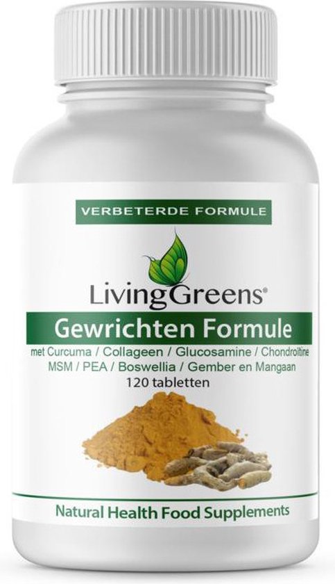Livinggreens Gewrichten formule,120 tabletten, Kurkuma, Collageen, Groenlip mossel, Glucosamine, Msm, Chondroitine, Mangaan, Vitamin C, Curcuma Longa,
