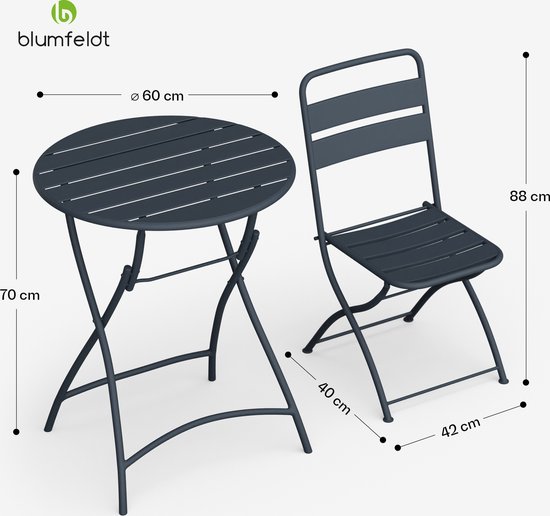 Blumfeldt Salon de Jardin Retrochic - Table + 2 Chaises 60 cm - Pliable - Anthracite