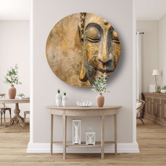 Boeddha wandpaneel - Kunst muurcirkel - Muurcirkel Goud - Landelijk schilderij - Muurcirkels - Decoratie kamer muurcirkel forex 100x100 cm