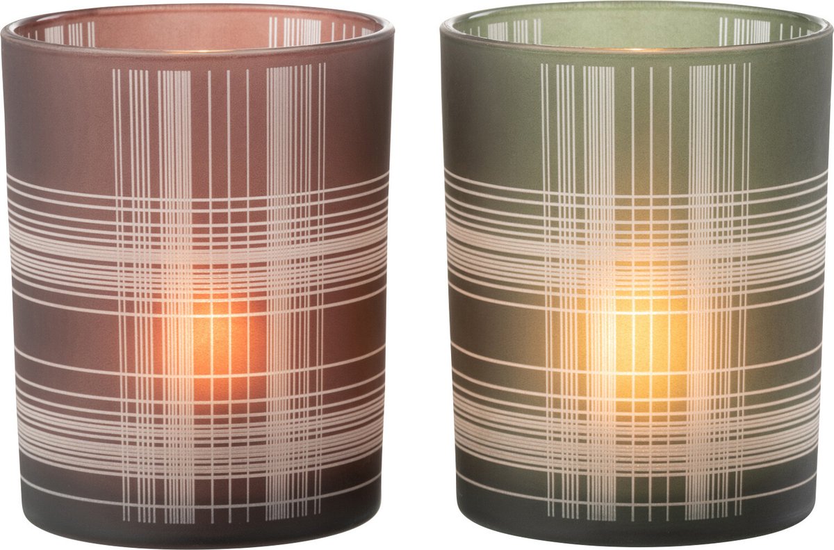 J-Line windlicht Geruit - glas - bruin/groen - medium - 2 stuks Bruin - Groen