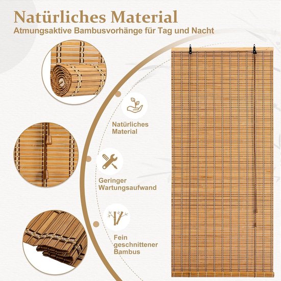 Retro bamboe rolgordijn, ondoorzichtig, 60% verduisteringsrolgordijn, bamboe, vouwgordijn, natuurlijk houten rolgordijn, zonwering en inkijkbescherming, rolgordijn met zijkoord, voor ramen en deuren, aanpasbaar 110 x 120 cm