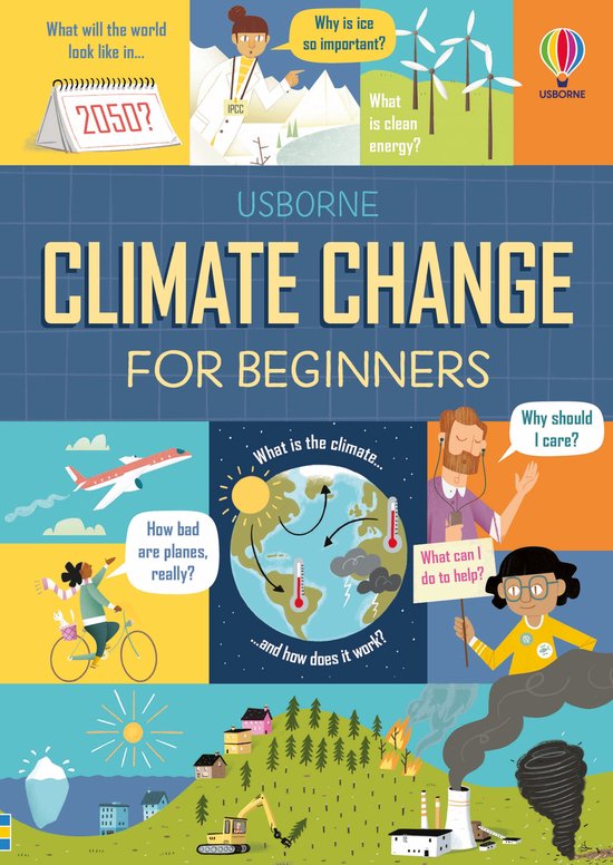 Cover van het boek 'Climate Change for Beginners', met verschillende illustraties over klimaatverandering en mogelijke oplossingen.