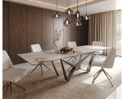 Eetkamertafel Edge keramiek Minas Melange wit-beige 300x100 spider vlak staal RVS