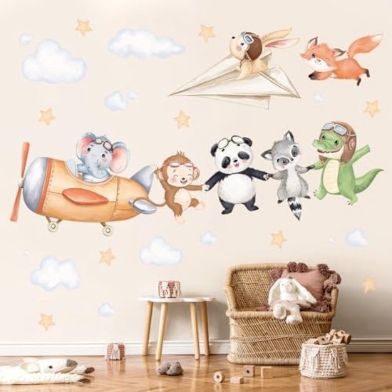 Foto: Vliegtuigen dier muurstickers olifant panda aap vliegend dier muurtattoo babykinderkamer kinder slaapkamer wanddecoratie