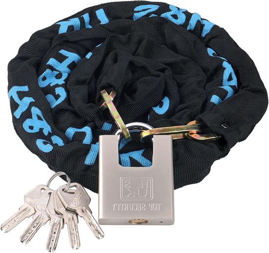 nean Fietsslot, kettingslot met hangslot, 2 x veiligheidssleutels, extreem robuuste stoffen mantel, geharde vierkante stalen kettingschakels, 8 x 8 x 900 mm, zwart