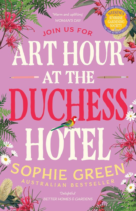 Boekomslag 'Art Hour at the Duchess Hotel' met tekst en bloemen. Een parkiet zit op de titel.