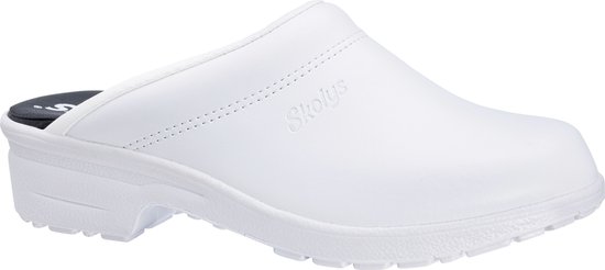 Witte Skolys klomp, zijaanzicht, met logo en profielzool.