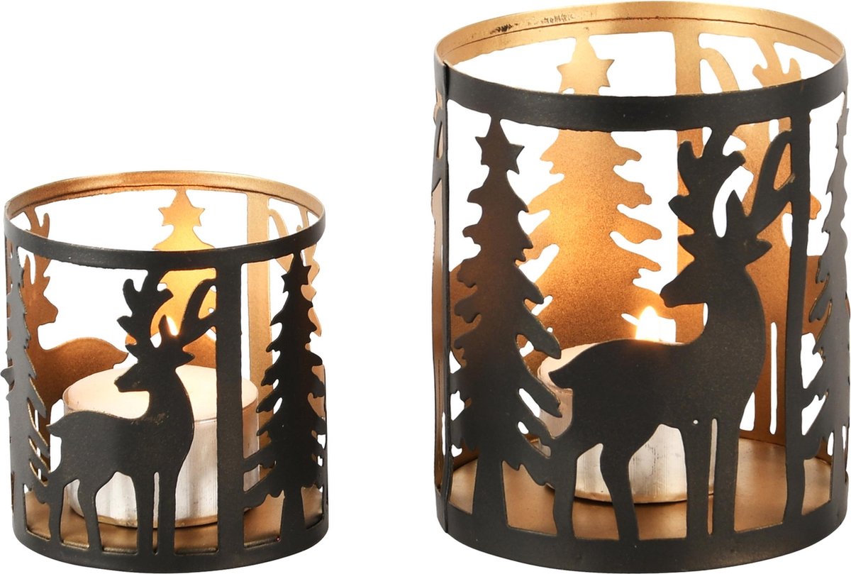 dekoratief Set 2 theelichthouders 'Gazing Deer', zwart/goud, metaal, 8x8x10cm | A248128