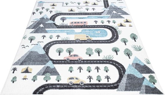Tapis enfant Koho Streets & Playing with Car Crème Tapis - 80x150cm - Chambre d'enfant - Chambre de bébé - Bébé - Kids - Garçons et Filles - Enfants