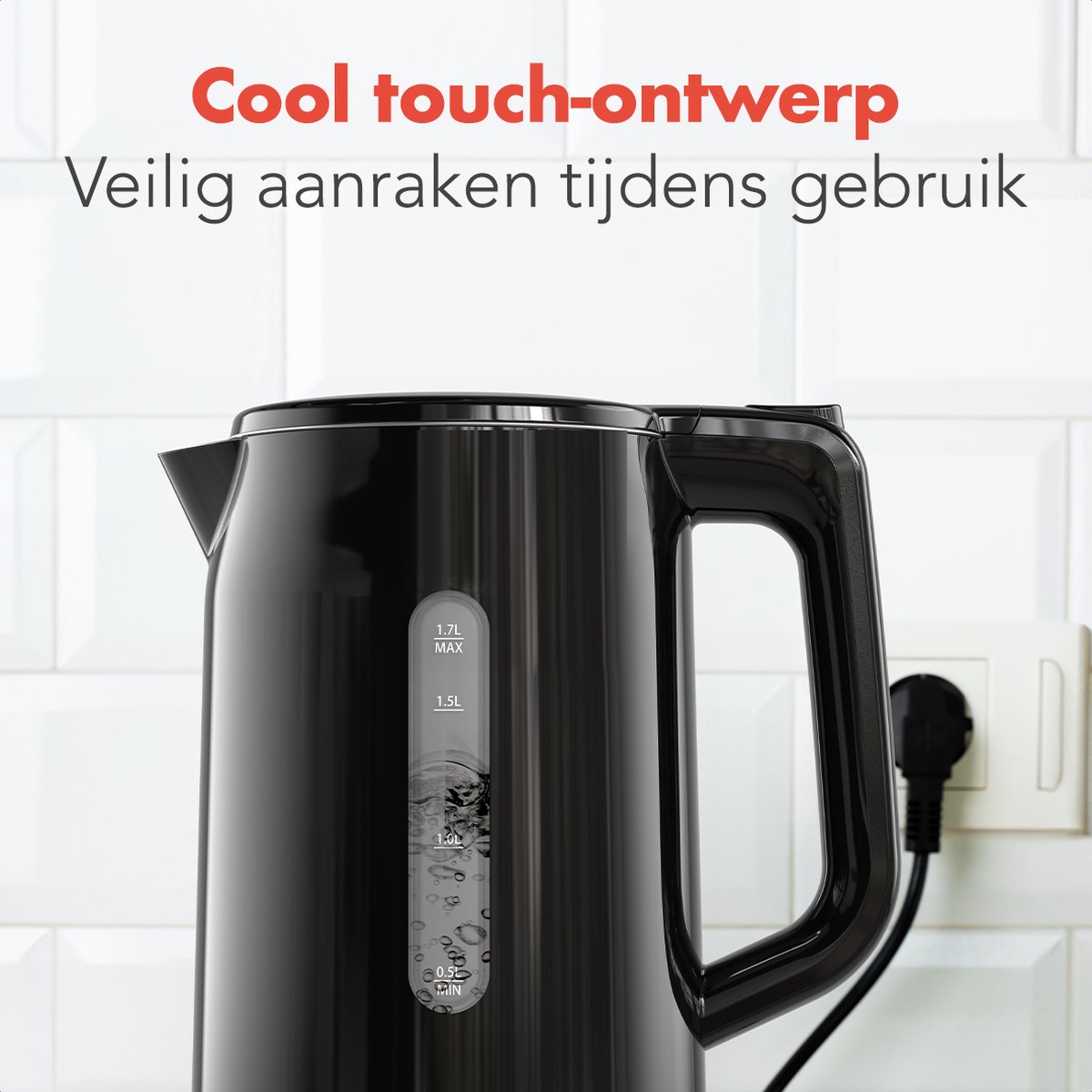 KitchenBrothers Waterkoker - Elektrisch - 1,7 Liter - PFAS- & BPA-vrij - Met Kalkfilter - Dubbelwandig - Cool-touch - Zwart – foto 5