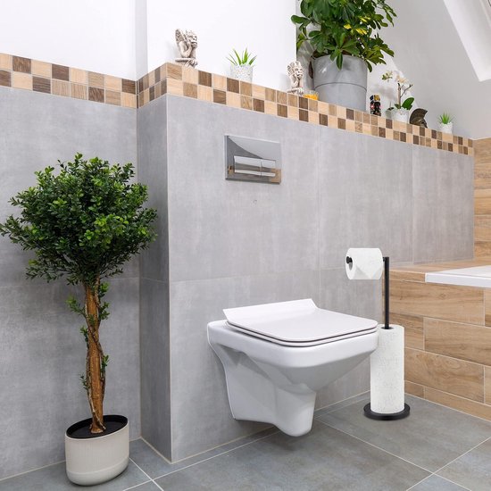 Relaxdays toiletrolhouder staand, voor 4 reserverollen, zonder boren, HBD 77,5x20x20 cm, moderne closetrolhouder, zwart