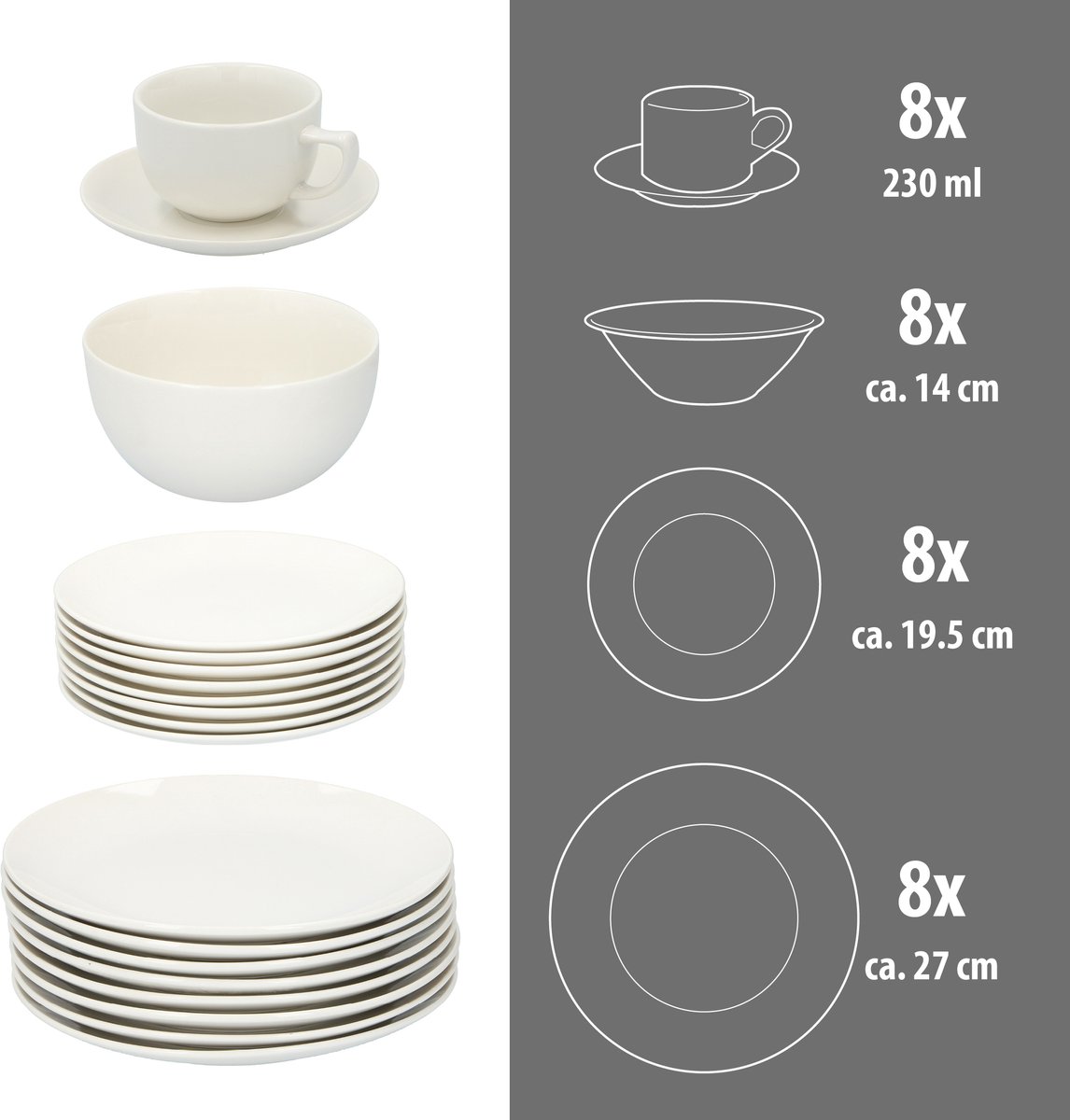 alpina serviesset 8 Persoons - Aardewerk Servies 40-Delig - Bordenset met Ontbijtborden, Dinerborden, Kommen, Kopjes en Schotels - Servies Set Vaatwasser- en Magnetronbestendig - Wit — afbeelding 3