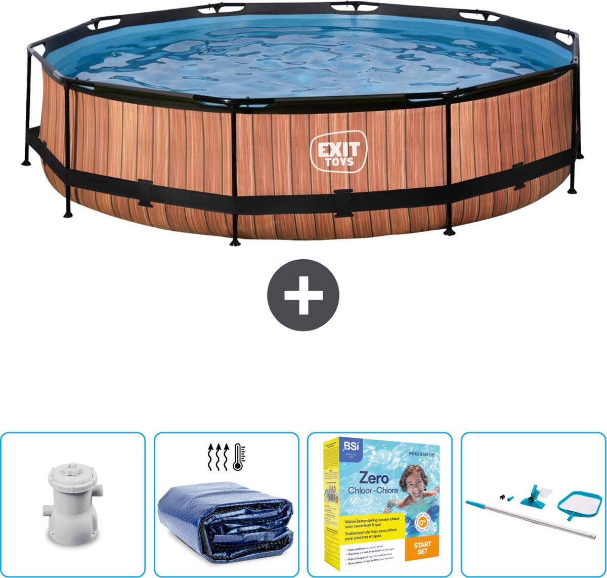 EXIT Rond Wood Frame Zwembad – 360 x 76 cm – Inclusief Pomp Solarzeil – Onderhoudspakket – Schoonmaakset – Nu extra voordelig EXIT Rond Wood Frame Zwembad – 360 x 76 cm – Inclusief Pomp Solarzeil – Onderhoudspakket – Schoonmaakset – Nu extra voordelig