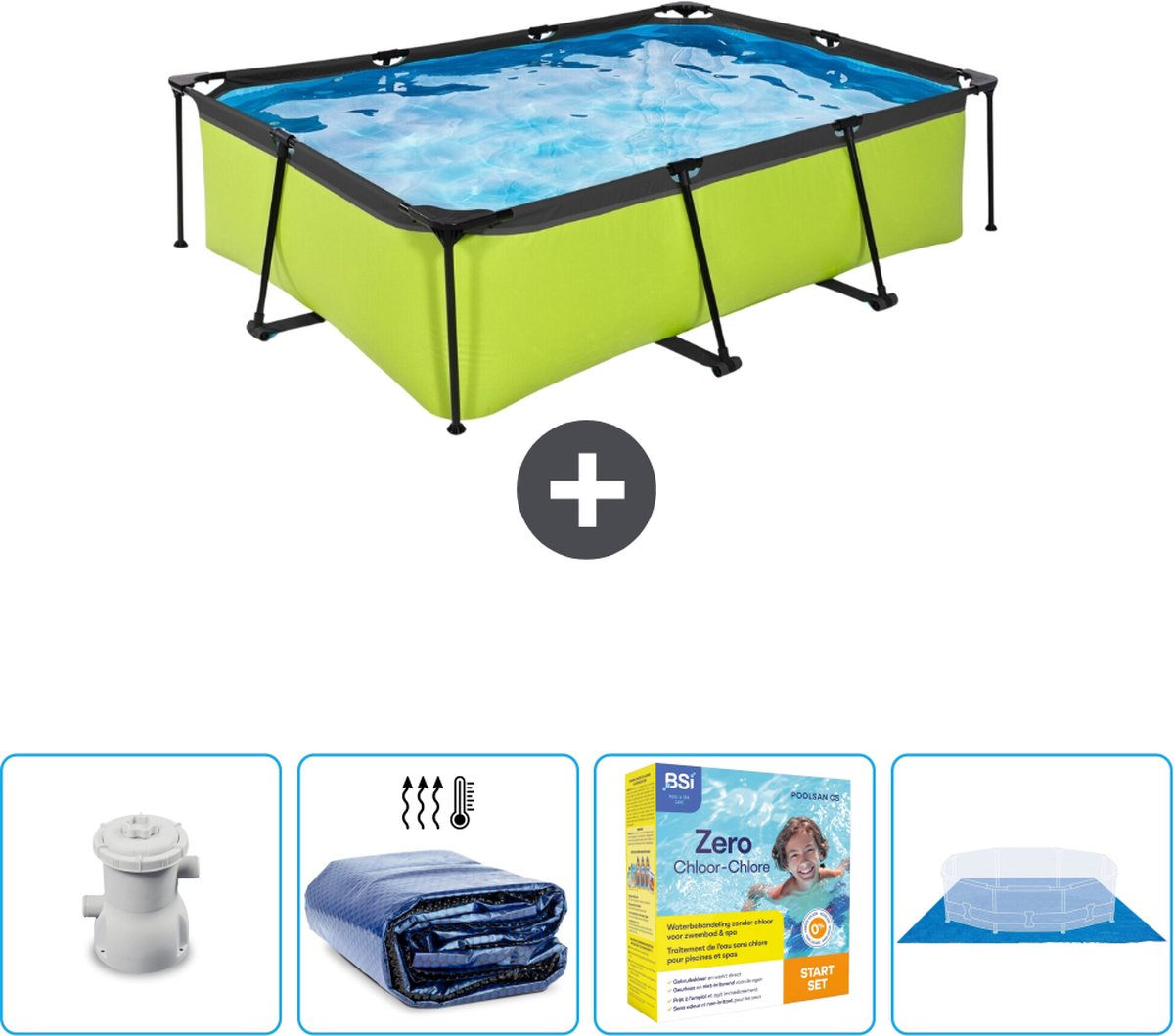 EXIT Rechthoekig Lime Frame Zwembad - 220 x 150 x 65 cm - Inclusief Pomp Solarzeil - Onderhoudspakket - Grondzeil - Nu extra voordelig
