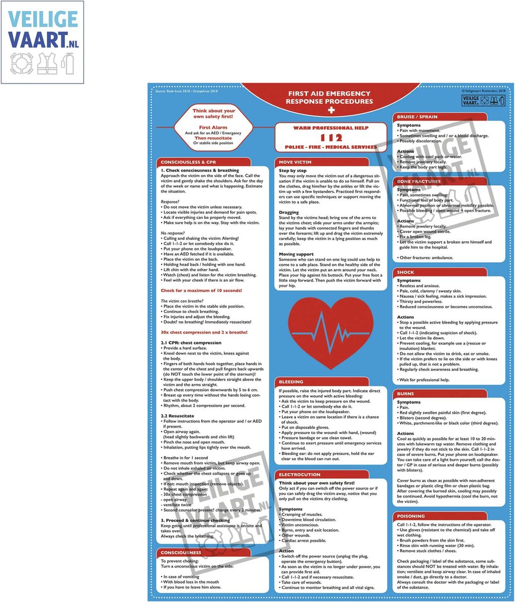 Goedkoopste EHBO / First Aid instructies | Voor scheepvaart | ENGELS | A3 formaat