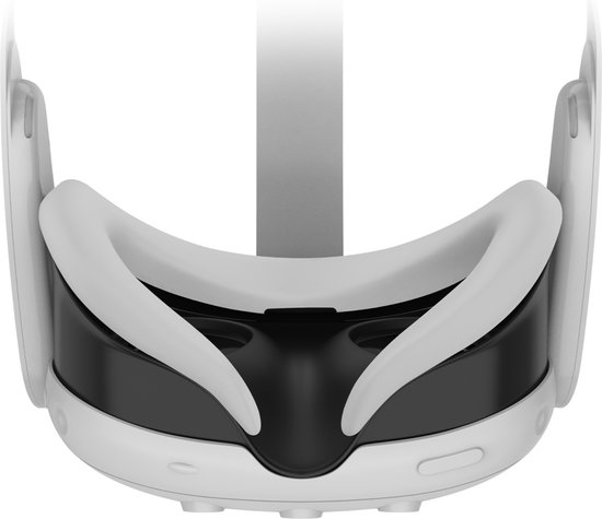 Grijze en zwarte VR-headset-gezichtsinterface met een witte hoofdband.