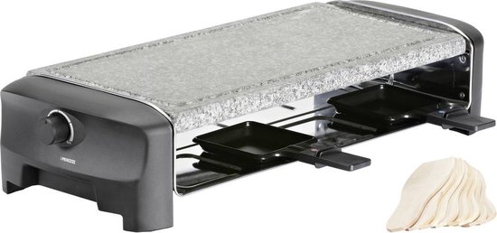 Raclette-grill met granieten plaat, vier pannetjes en een stapel spatels, met Princess logo.