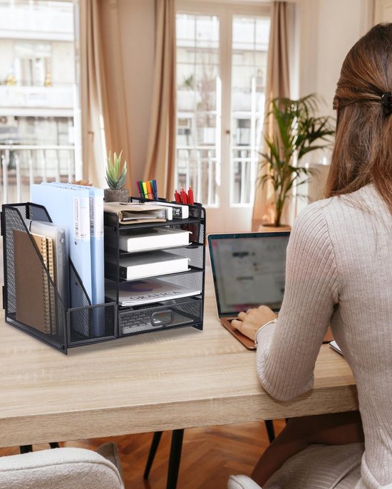 Apritsce Organisateur de Bureau, Organiseur Bureau, 5-Corbeille a Courrier avec Tiroir, Porte Stylos, Multifonctionnel Rangement pour Bureau Maison