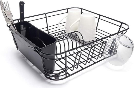 Foto: Afdruiprek met bestekmand en haakjes voor het drogen van glazen zwart dish drying rack