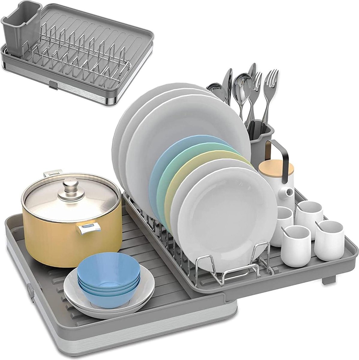 Goedkoopste Uitbreidbaar Afdruiprek voor Serviesgoed - Afwasdroogrek (30cm - 53cm) met Gebruiksvoorwerpenhouder - Bekerhouder - Roestvrijstalen Afvoerplankset voor Keukenaanrecht dish drying rack