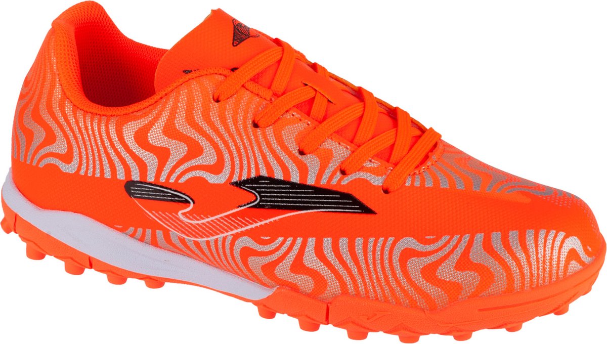Oranje Joma Evolution Jr 2408 TF voetbalschoenen voor jongens, maat 38, met synthetisch leder en golvende patroon.