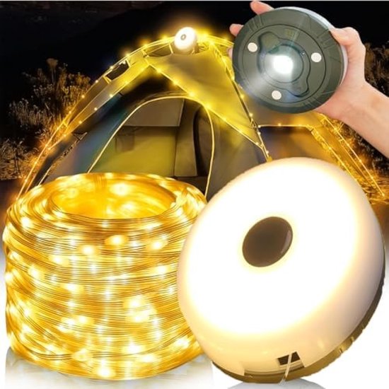 Bowfar Solar Campinglichtketting voor Buiten, 10M 132 LED Campinglichtsnoer oprolbaar met USB Oplaadbaar, 2-in-1 Draagbare Campinglamp Solar voor Outdoor Kamperen Wandelen Tuin