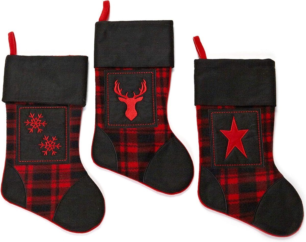 Set van 3 - Design - Kerstsokken - 45 x34 x 3 cm - Geruit Met Kerstmotieven - Rood/Zwart