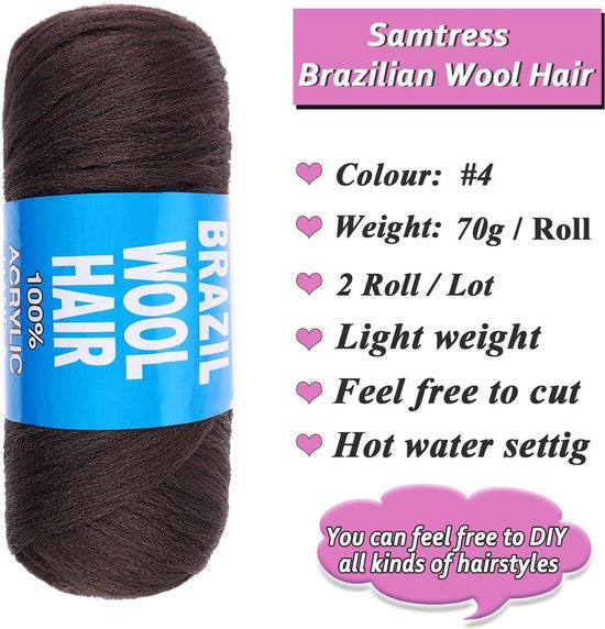 Samtress Brazilian Wool Hair Acryl Garen, 8 rollen, natuurlijk zwart, 100% Braziliaans wolhaar voor haken, kunstlokken, breien, synthetische vezels, haarverlenging (#zwart