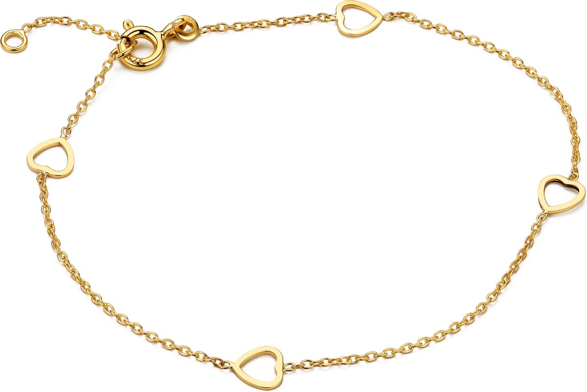 Miore Pure Armband Dames - 9 Karaat - Hartjes - Handgemaakte Schakelarmband - Kleur Geelgoud - 18 cm