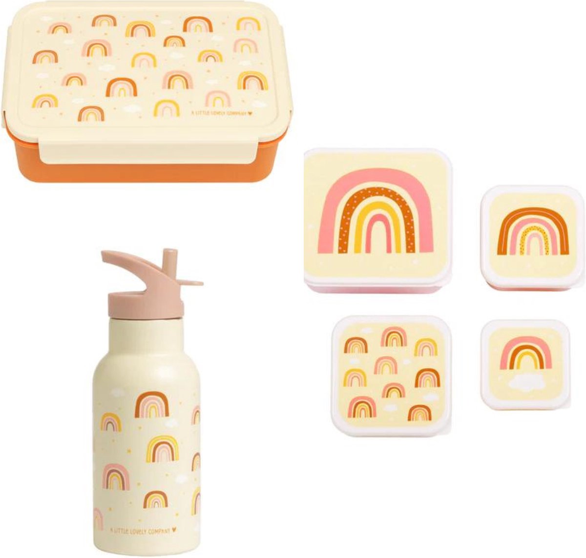 A Little Lovely Company Back to school set Drinkfles RVS 4 Snackdozen Bentobox Regenbogen