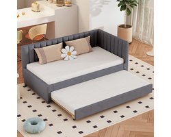 Sweiko Kussenbed 90*200cm, Uitschuifbare slaapbank, Platte noedelsframe multifunctioneel bed, jeugdbed, kinderbed gastenbed, fluwelen stof Grijs