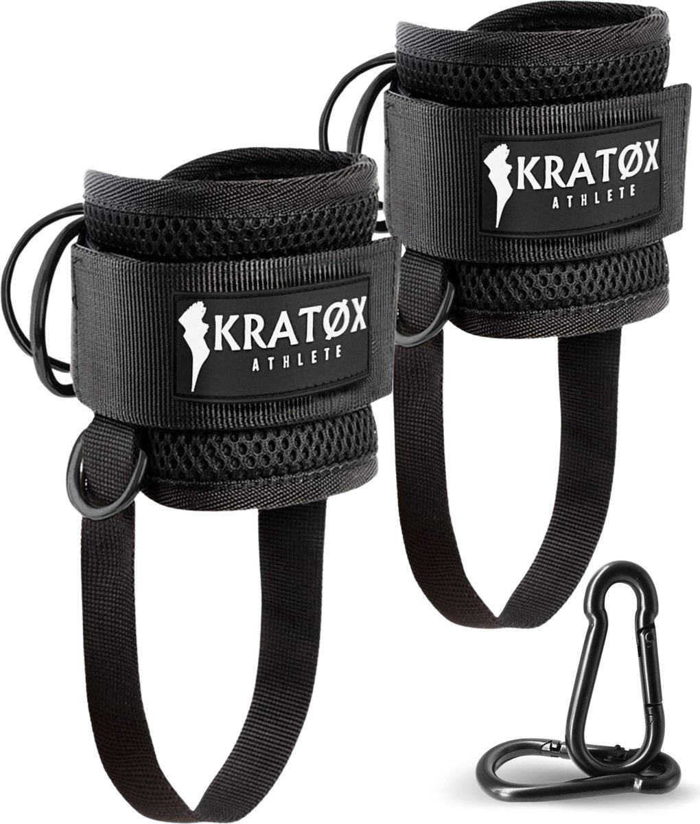 KRATØX 2 Stuks Kickback Ankle Strap Fitness - Enkelband - Ankle Cuff Strap – Kickback Strap - Incl Karbijnhaken - Zwart