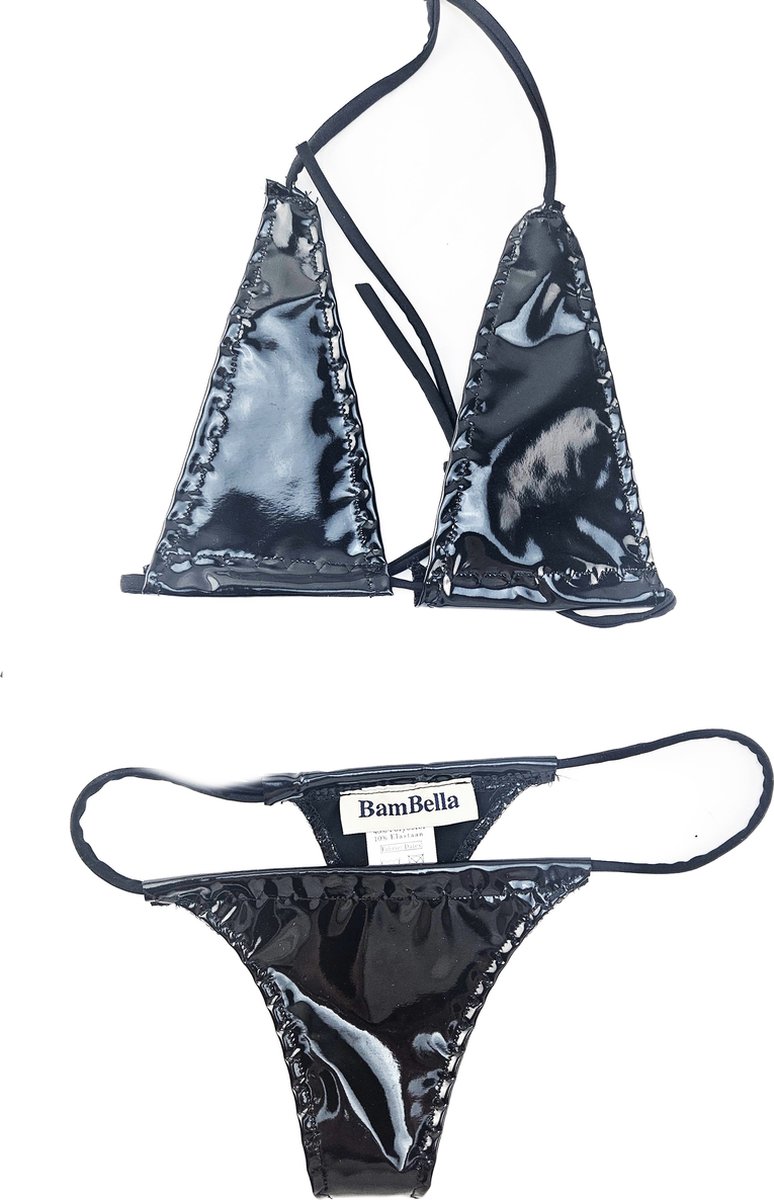 Goedkoopste BamBella ® - Bikini string Datex Zwart (Mix Latex en stof) - Onesize - Super sexy dames ondergoed lingerie kleding zwart erotische zwem kleding