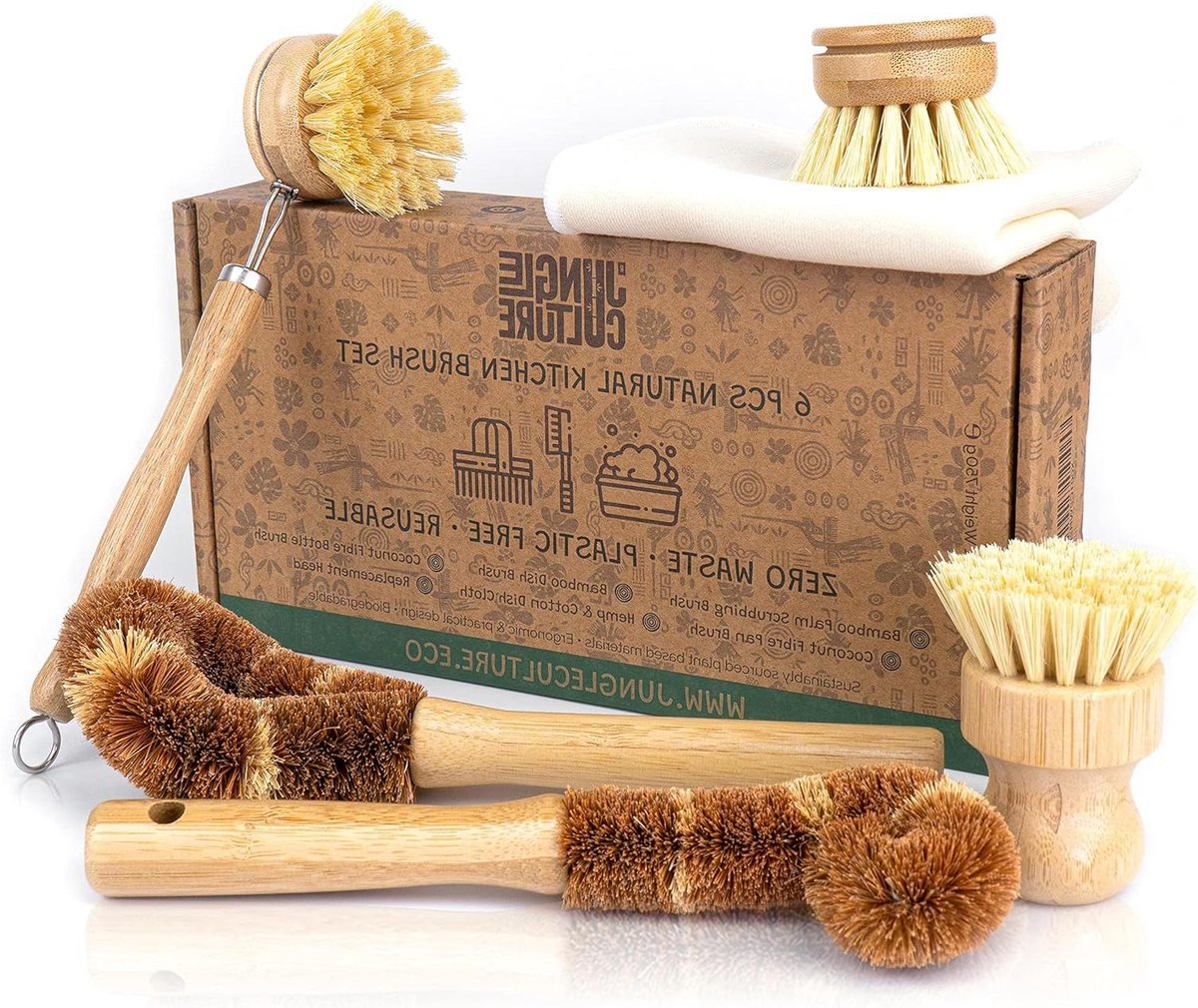 6-delige houten afwasborstelset bamboe afwasborstels voor keuken plantaardige eco pot scrubbers flessenborstel eco-vriendelijke schuurspons voor pannen en schalen Afwasborstel