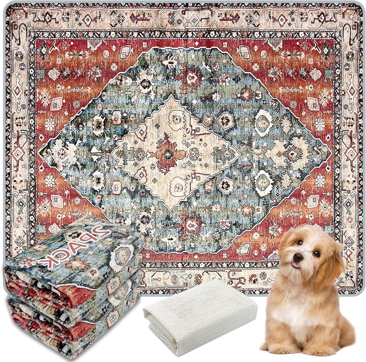 Wasbare urinemat voor huisdieren - 2 stuks - herbruikbare puppypads - antislip tapijtonderlegger - super absorberend - lekvrij - hondentrainingspads - rood - 914 x 1067 cm