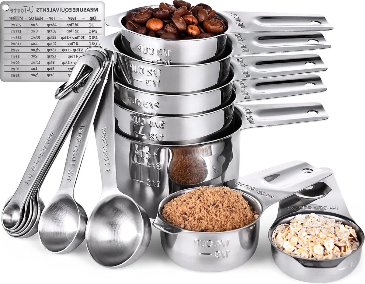 Roestvrijstalen Maatbekers en Lepels Set van 15 18 8 Breed Handvat TSP TBSP-lepels D-ringen Magnetische Meetconversietabel Zilver