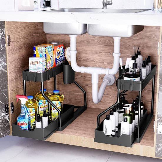 VEVOR 2 Tier 16 W X 21 D Uittrekbare Kast Organizer, Heavy Duty Slide Out Pantry Planken Verchroomde Stalen Uitrolladen Schuiflade Opslag Voor Binnen Keukenkast Badkamer Onder Wastafel 752893964