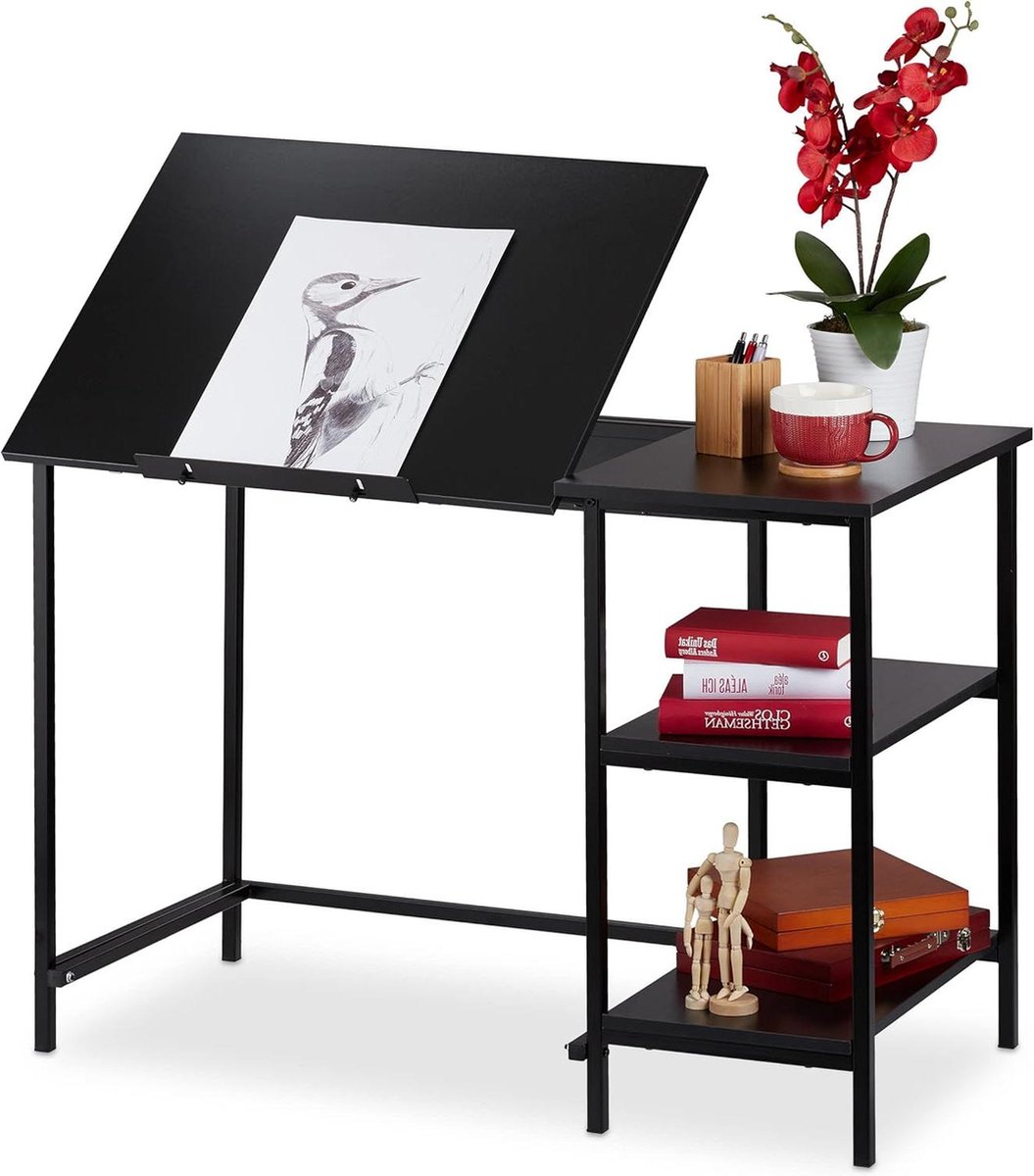 Kantelbaar bureau met 3 vakken laptop- of werktafel 75 x 110 x 55 cm - Zwart auto tafeltje kind