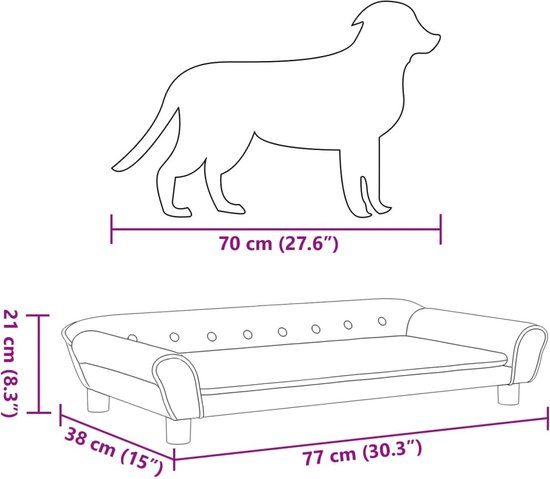 Dimensions d'un canapé pour chien rose avec silhouette de chien.
