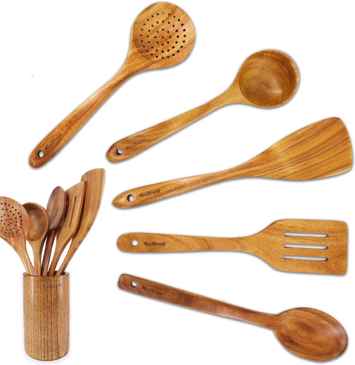 Acaciahouten Kookgerei Set 6 Delig Duurzame Spatels Voor Anti-Aanbaklaag Milieuvriendelijk Ergonomisch Starblue Wooden Spoons