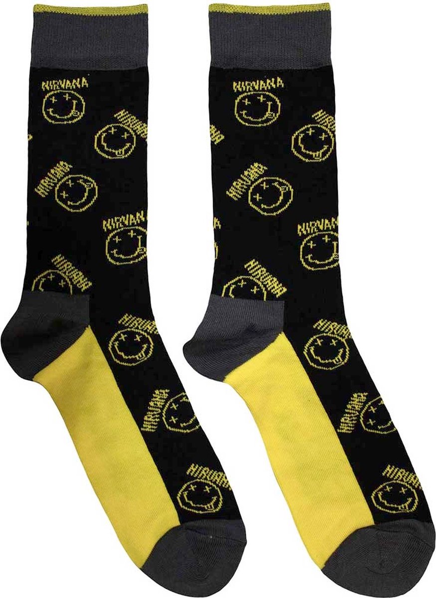 Nirvana - Yellow Happy Face Pattern Sokken - EU 39-45 - Zwart