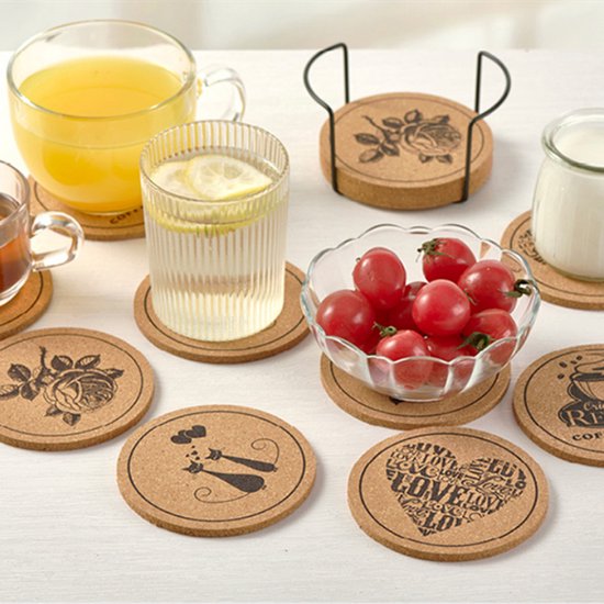 12 pièces Sous-verres en liège avec support pour Verres avec imprimés gracieux de Chats, roses et café - Protection élégante et naturelle pour votre table - Rond - Durable - Antidérapant - Résistant à la chaleur