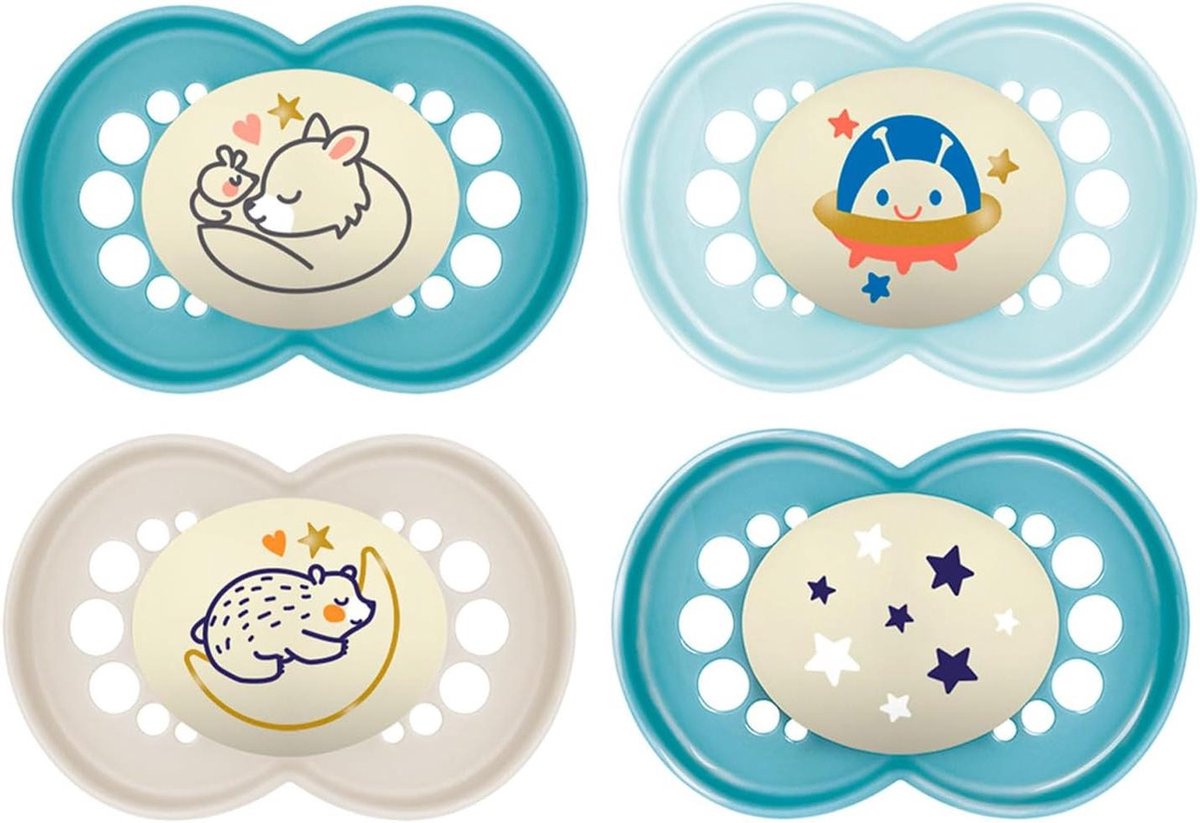 Goedkoopste Night SkinSoft siliconen fopspeen 16 // set van 4 // incl. 2 steriliseerde transportboxen - MAM