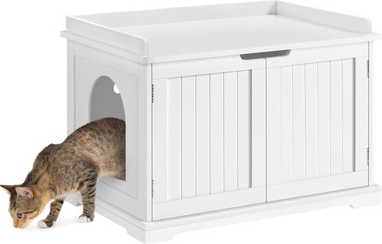 Foto: Kattenbakmand voor grote katten houten kattenkast kattenhuis 755 x 51 x 525 cm kattenbed met magnetische deuren aparte scheidingswand kattenbak kattenbak kastje wit