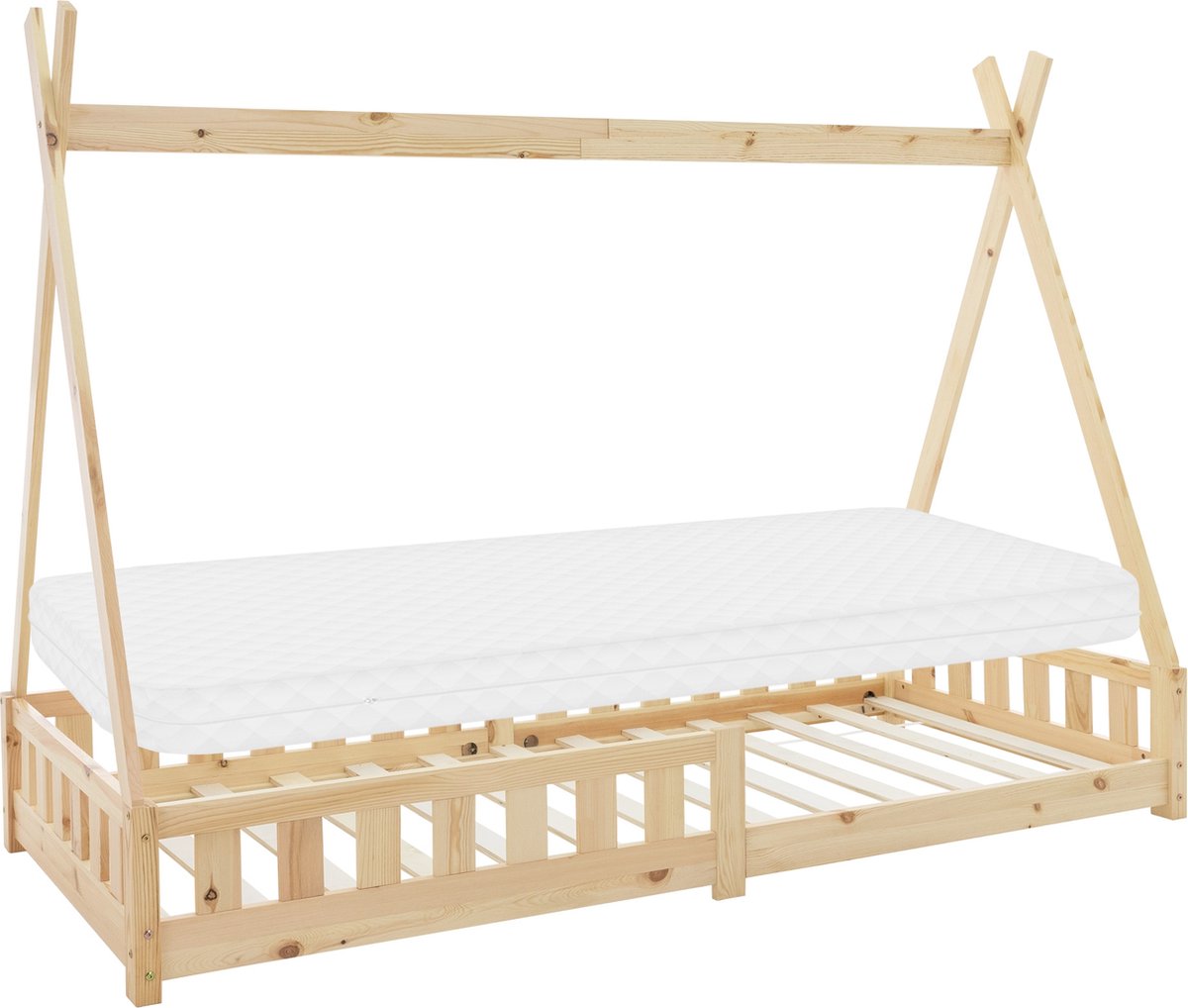 ml-design tipi-serie kinderbed 90x200 cm naturel met koudschuimmatras lattenbodem en valbeveiliging massief grenen houten huisbed in Indianenstijl met hek geschikt voor meisjes en jongens speelbed en vloerbed in tentvorm voor de kinderkamer