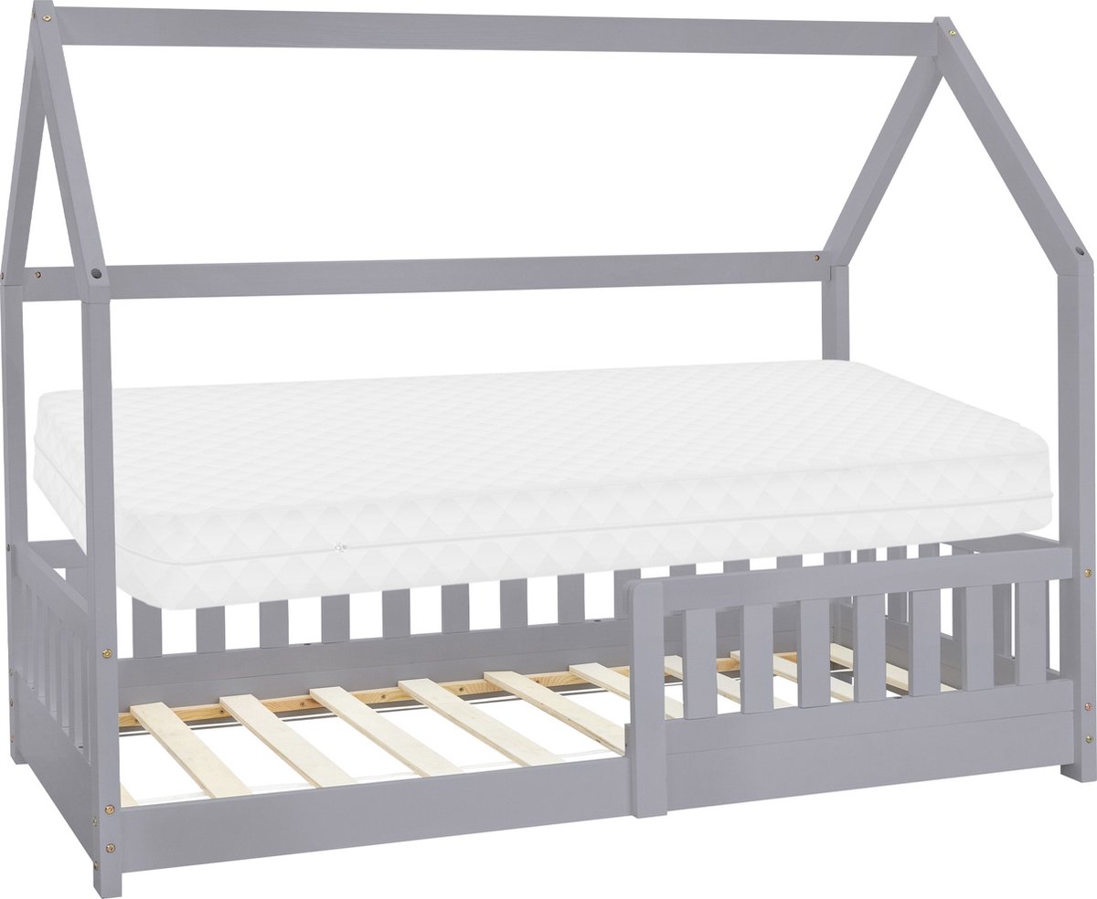 ML Design huisbed serie kinderbed 80x160 cm lichtgrijs met dak lattenbodem en koudschuim matras massief grenenhout stabiel houten speelbed voor meisjes en jongens kinderhuis junior bed met valbeveiliging vloerbed in huis design voor kinderkamer