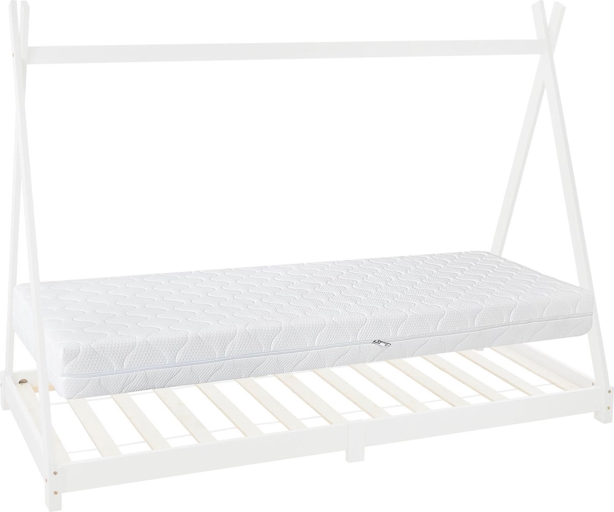 ml-design tipi serie kinderbed 90x200 cm wit met koudschuimmatras H:16cm lattenbodem en valbeveiliging massief grenenhout huisbed met hek junior bed in tentvorm speelbed voor meisjes en jongens houten kinderhuis vloerbed met stevig bedframe